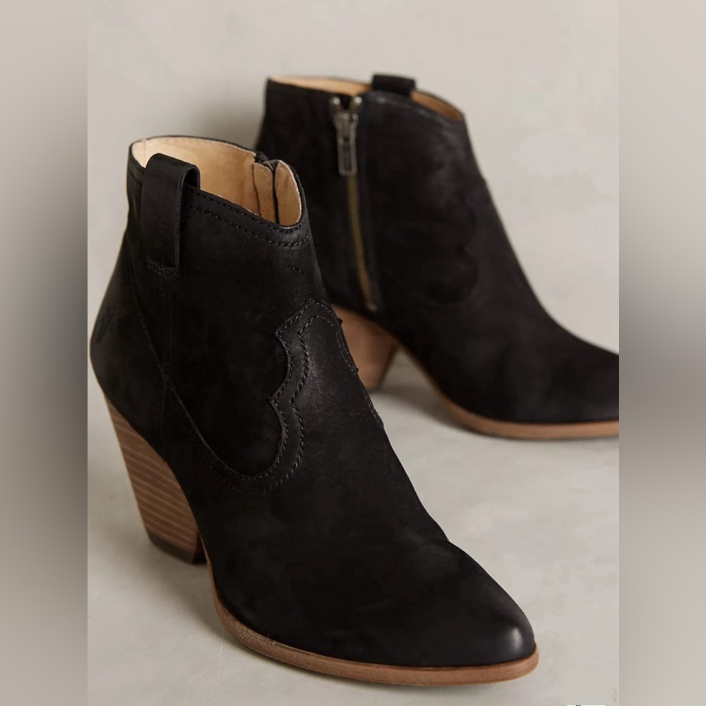 FRYE Reina Black Suede Oil Slick Leather Ankle Chunky Heel Booties US 7